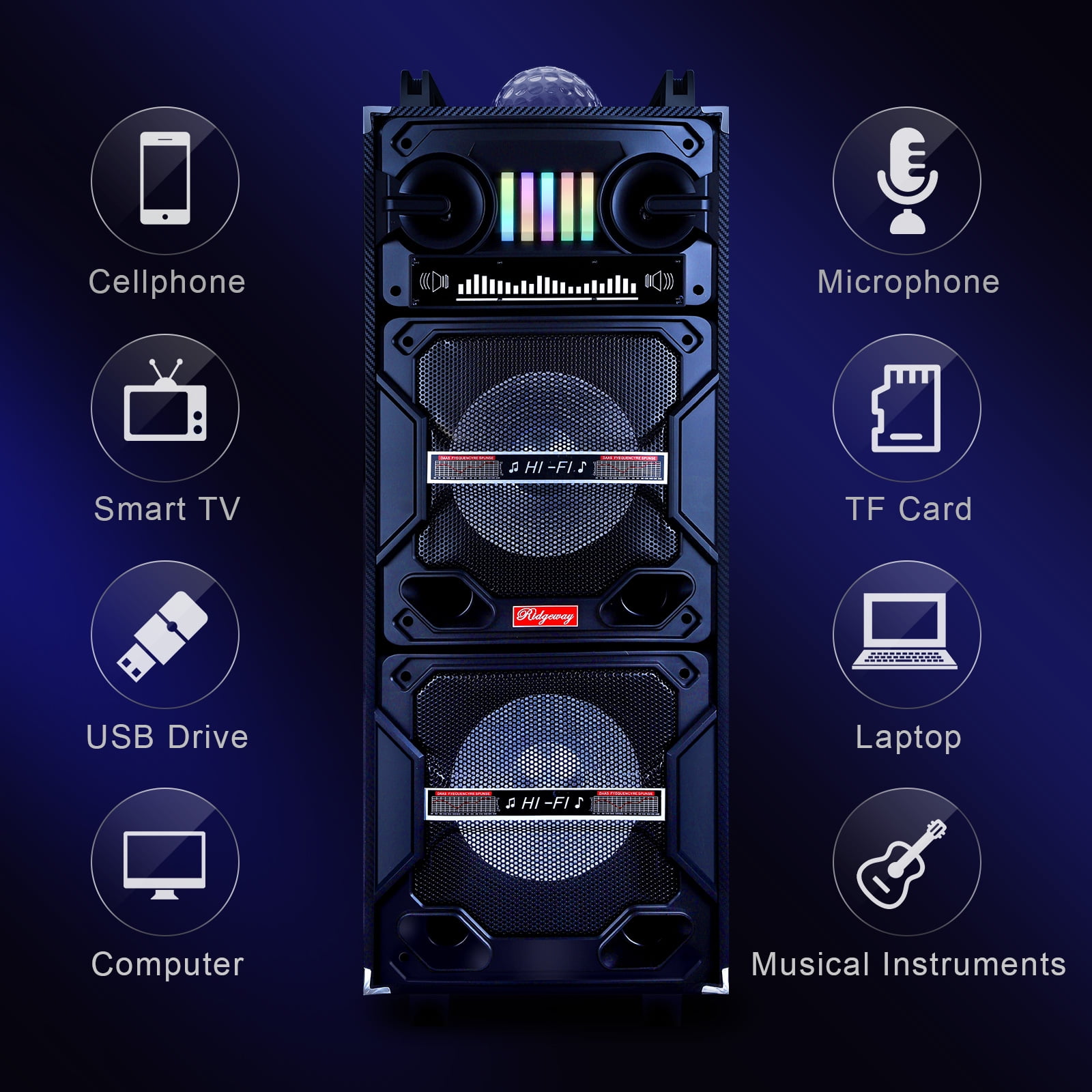 Lohoms Portable Wireless Speaker, Dual 10 Inch Woofer & Dual 2 Inch Tweeter High Powered Portable Trolley Bluetooth Speaker System, Microphone, Remote, Handle, Wheels, DJ LED Light