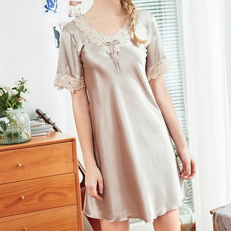 

Summer Nightgown for Womens Ice Silks Lace V-Neck Short Sleeve Nightdress