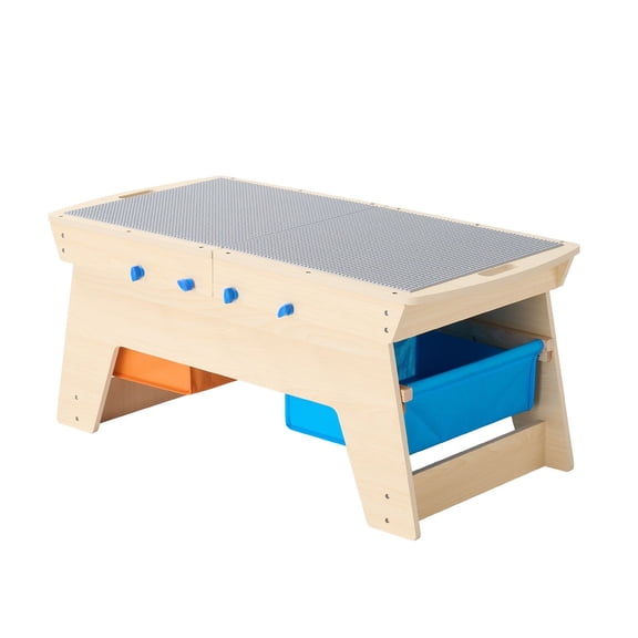 Kids Reversible Wooden Activity Table, Natural, with 200 Bricks & 3 Storage Bins, Gift for 3 Boys & Girls