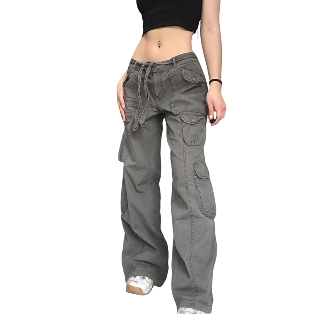 Girl Streetwear Pants with Loose Baggy Pleats Drawstring Belt for Women