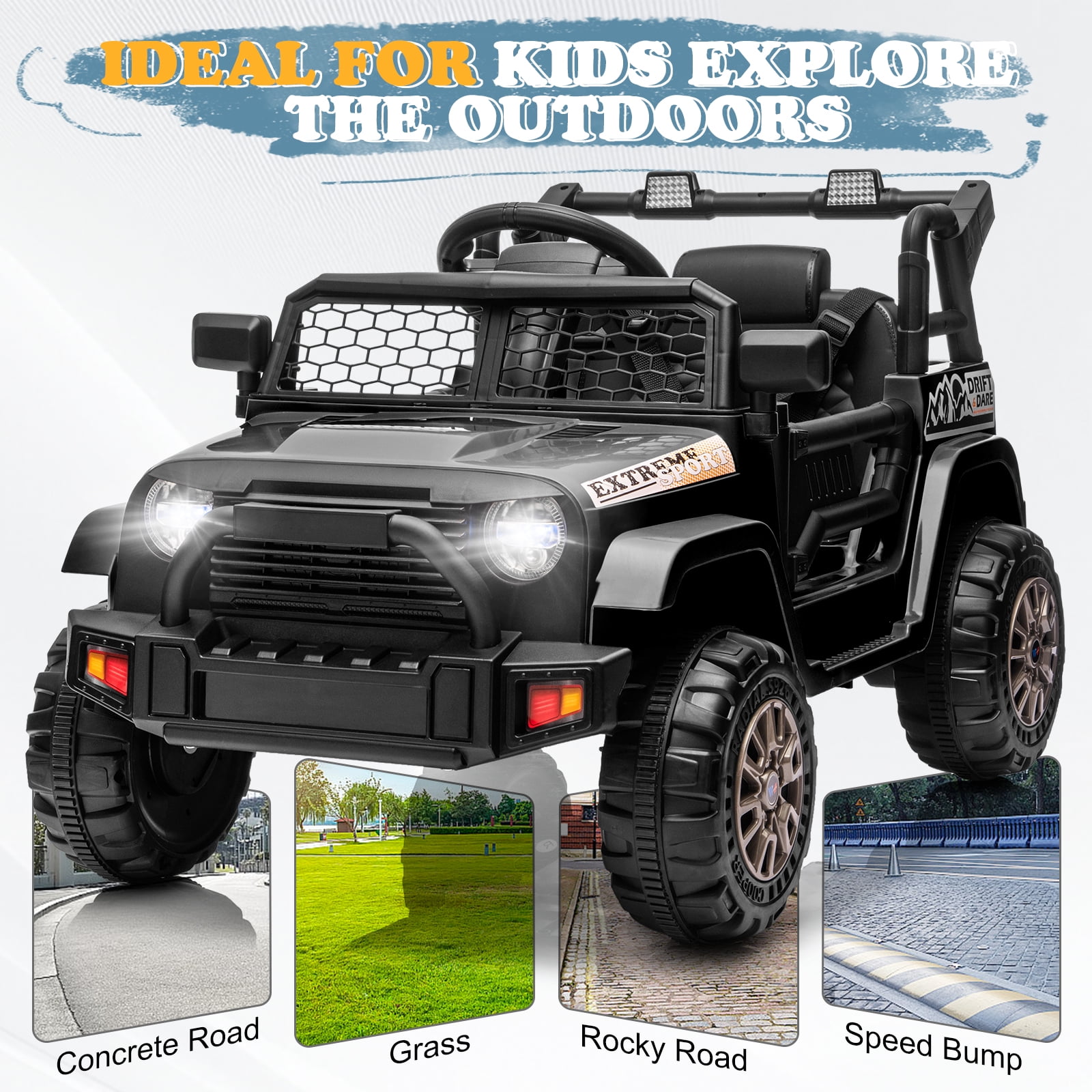 Ktaxon 12V Kids Electric Ride on Car, Battery Powered Ride on Toys Truck with Remote Control, Electric Car for Kids w/Bluetooth & Lights, Black