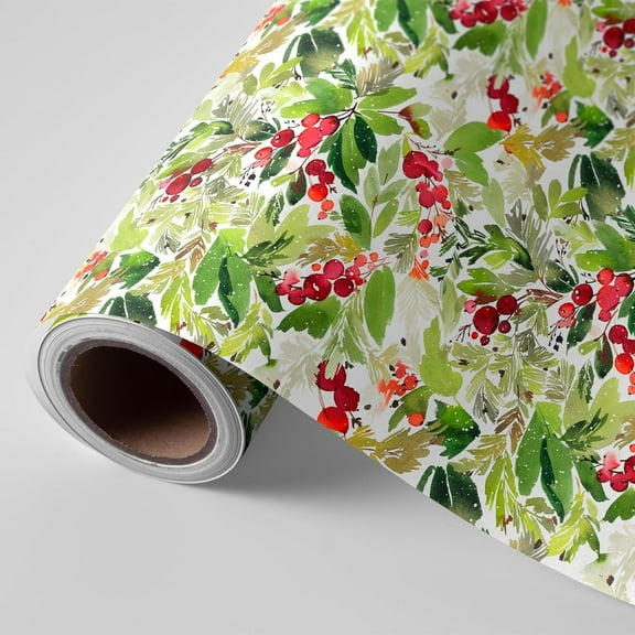 Christmas Holly Wrapping Paper Roll Vintage Red Berries with Green Leaves Watercolor Gift Wrap Paper Xmas Art Paper for Wedding Birthday Party DIY Crafts, 58x23in, 1 Roll