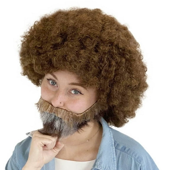 HPO 80s Painter Brown Curly Wig and Beard Set – Unisex Retro 70s Wigs for Halloween & Cosplay