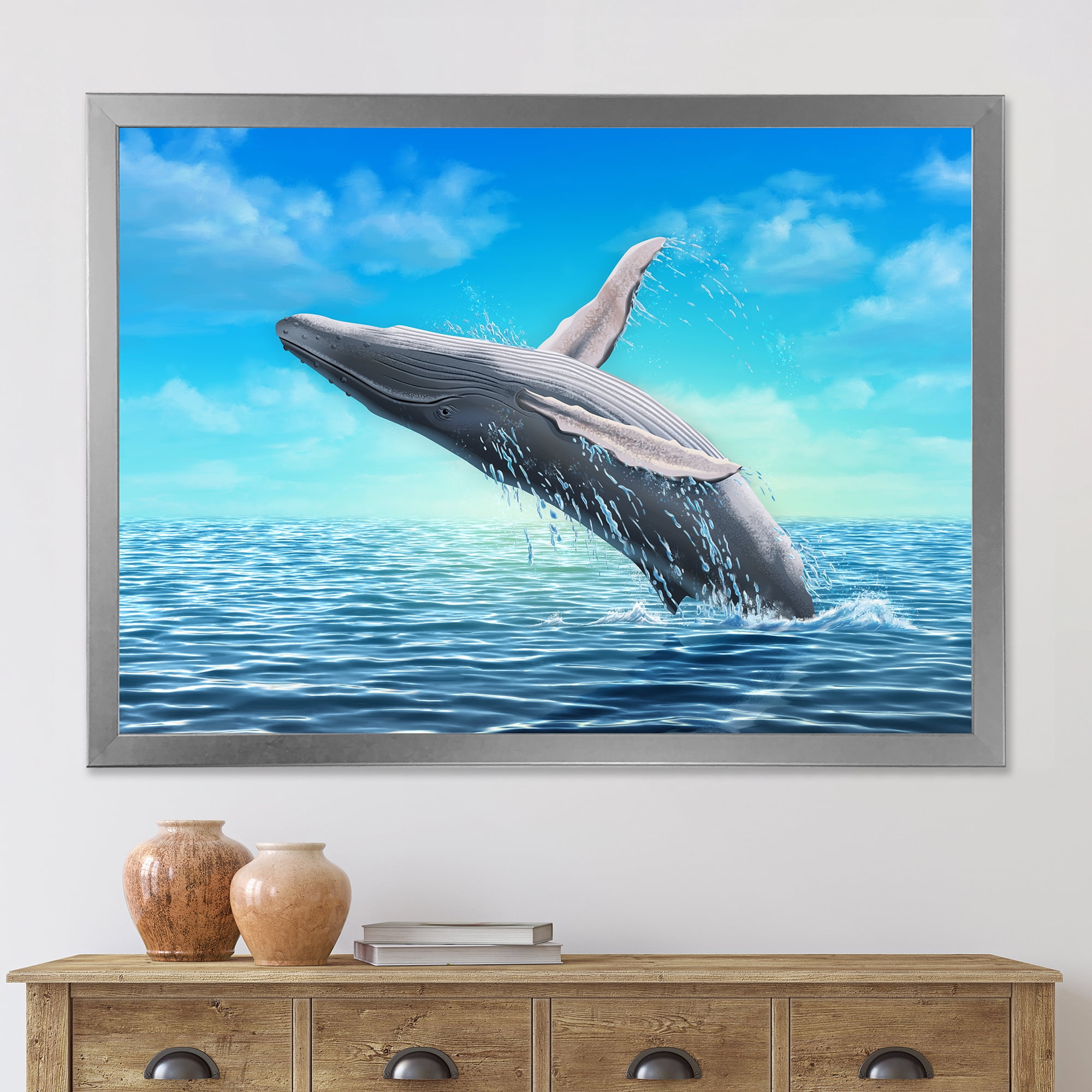 Designart 'Humpback Whale Jumping Out of Sea' Farmhouse Framed Art Print