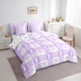 thumbnail image 2 of Cute Rabbit Comforter Set Queen,Spring Easter Animal Princess Bowknot Bedding,Purple Geometric Plaids Kawaii Bow Patchwork Bed Set 7 Pieces(Comforter+Fitted+Flat Sheet+Pillowcase+Pillow Cover), 2 of 5