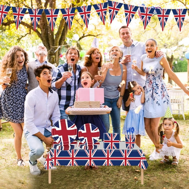 Xihbxyly Set de Fiesta con Bandera Británica, 142 Piezas de Vajilla, Platos de Papel Aptos para Uso Alimentario, Servilletas, Vasos, Globos, Decoración Elegante, Ideal para Fiestas Callejeras o Barba