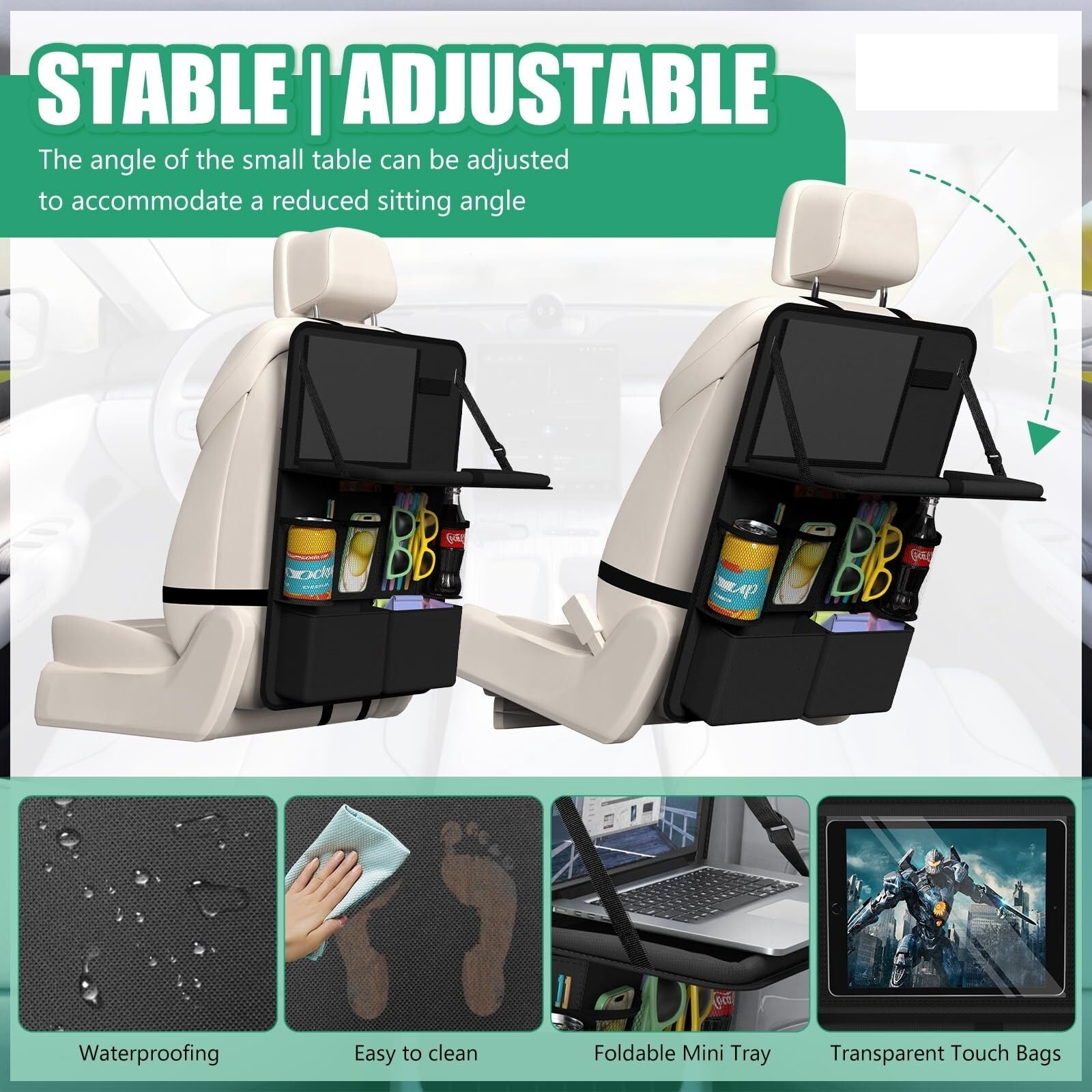 GUANGHUI Car Backseat Organizer with Tablet Holder,11 Storage Pockets with Foldable Food Tray, Protector Kick Mats for Kids, Travel Accessories Organizer (Gray, 1Pack)