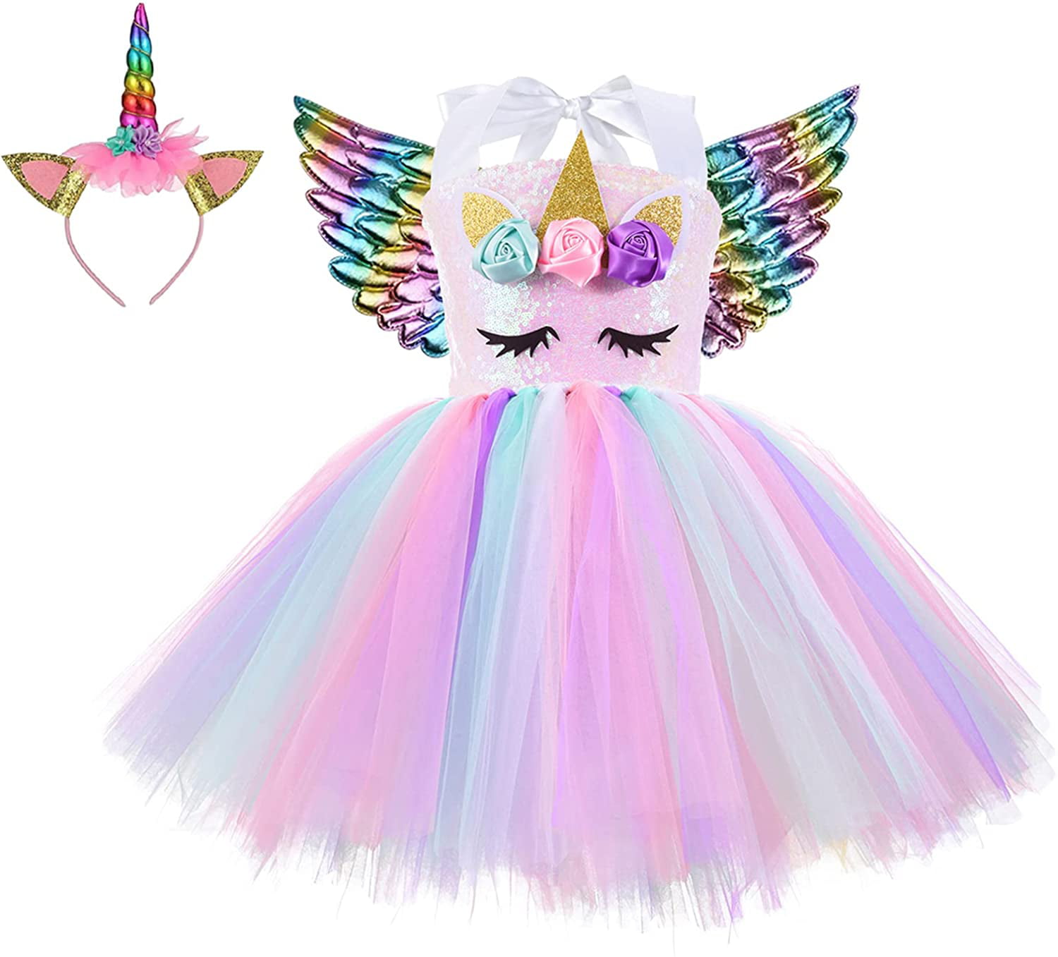 2PCS Girls Fancy Tutu Tulle Dress Rainbow Fairy Princess Unicorn Party Headband 