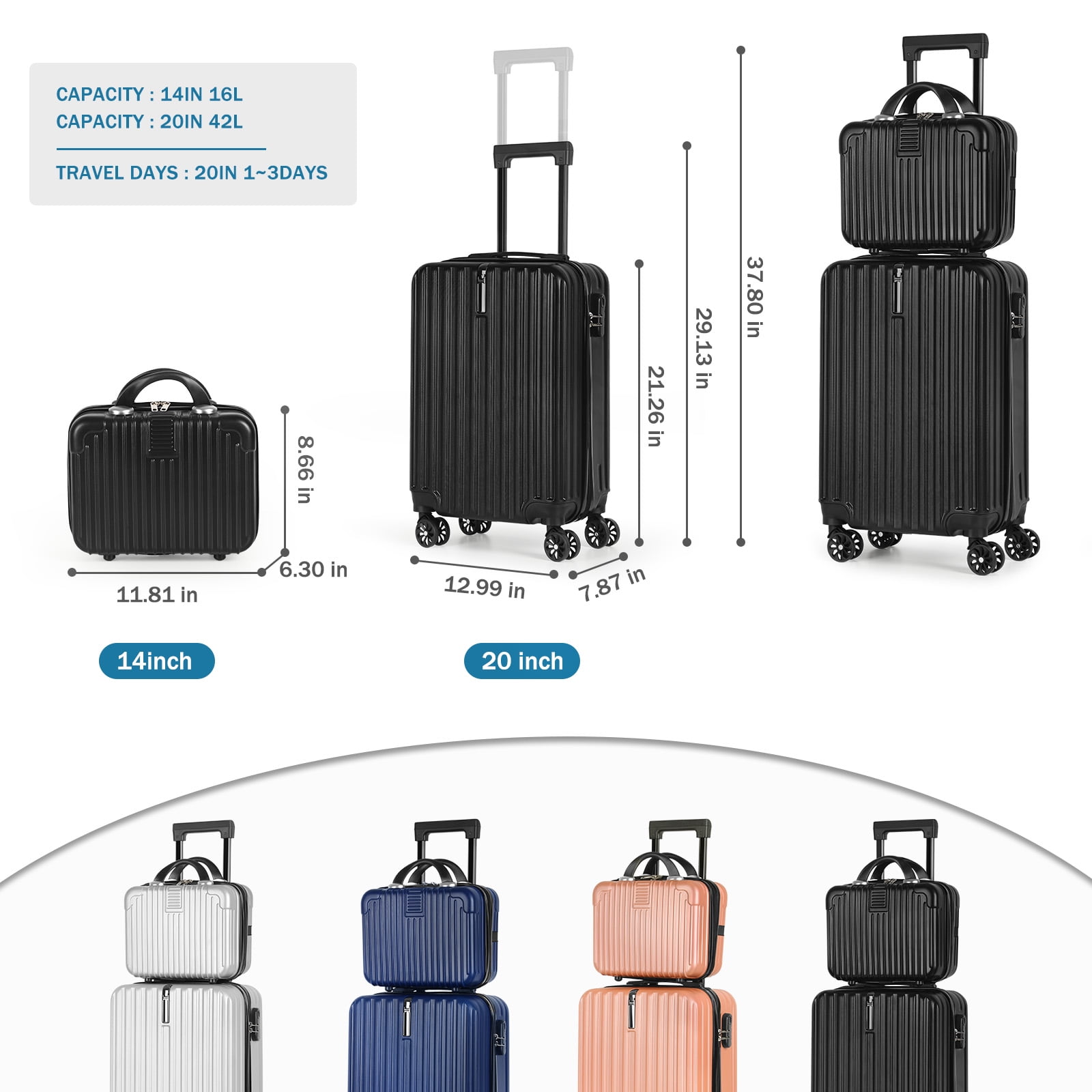 2-Piece Luggage Set  Carry On Suitcase with 14" Makeup Case