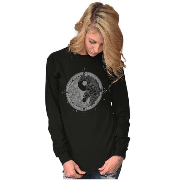 Floral Yin Yang Symbolic Spiritual Women Plus Size Long Sleeve Graphic Tee Brisco Brands 2X