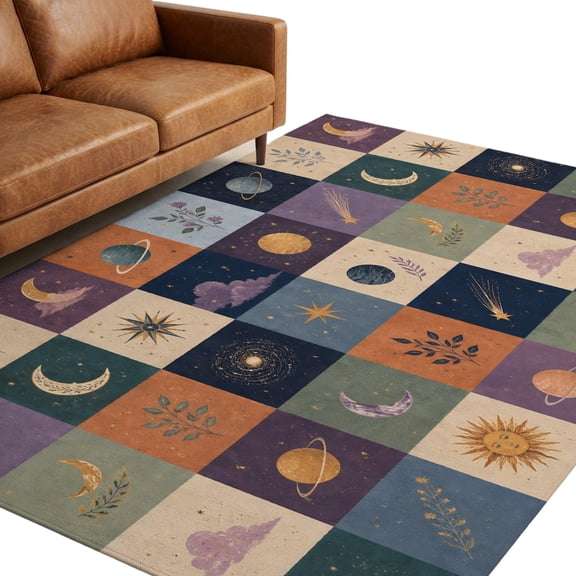 Colorful Patchwork Washable Area Rug 6 x 9 ft Mystical Moon Star Cloud Sunshine Leaf Plaid Soft Non‑Slip Rugs Stain Repellent Indoor Mats for Living‑Room Great Room Large Formal Dining‑Room