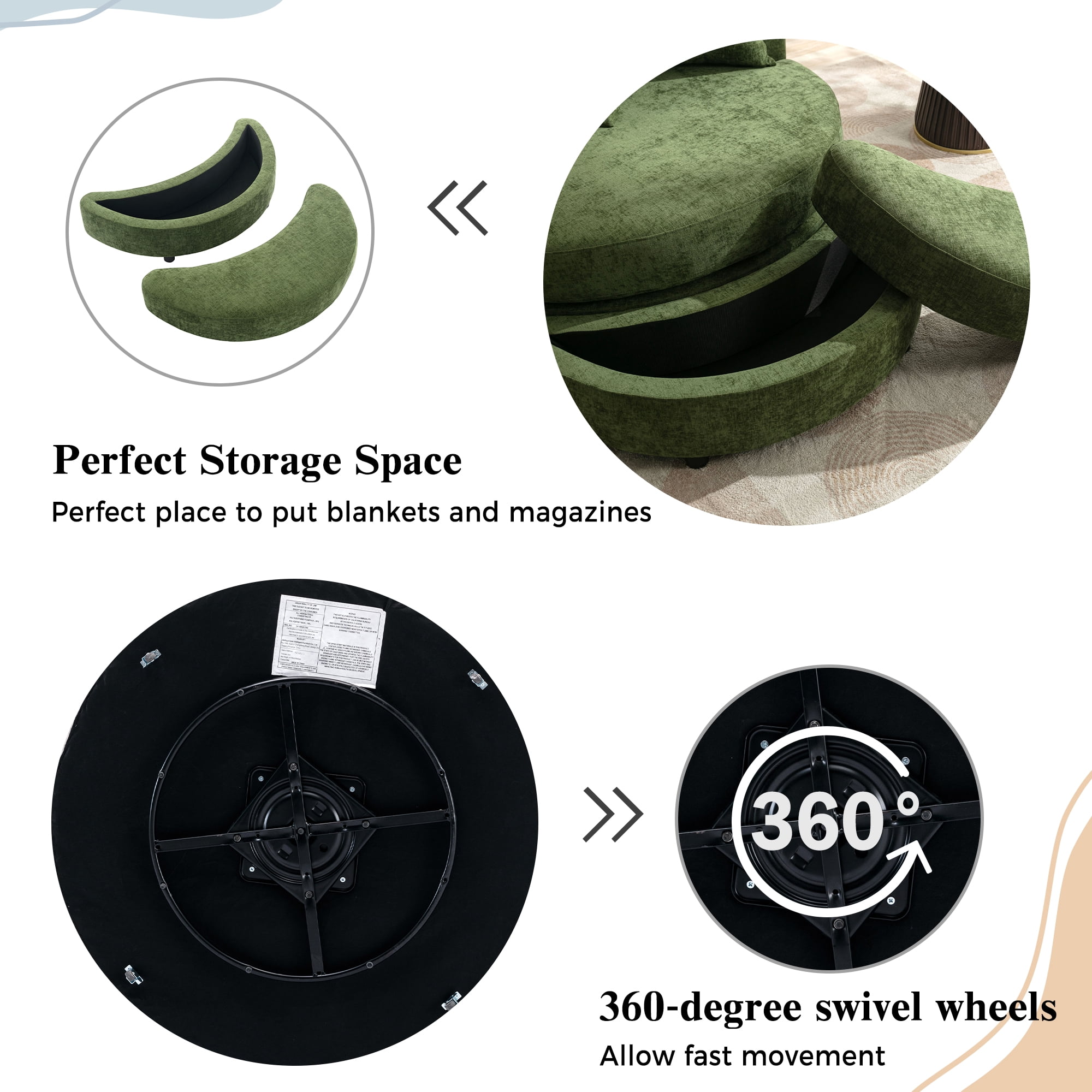 Euroco 360° Swivel Barrel Chair with Storage Ottoman and 4 Movable Pillows, Upholstered Linen Accent Chair with Ergonomic Backrest, Metal Base