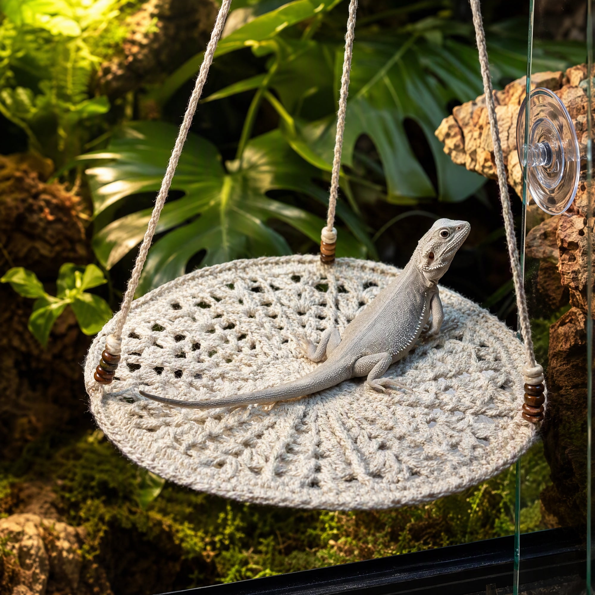 JWGIETK Reptile Hammock Hand Woven Strong Load-bearing Gecko Lizard Swing Toy Round Bearded Dragon Swing Hanging Bed Beige