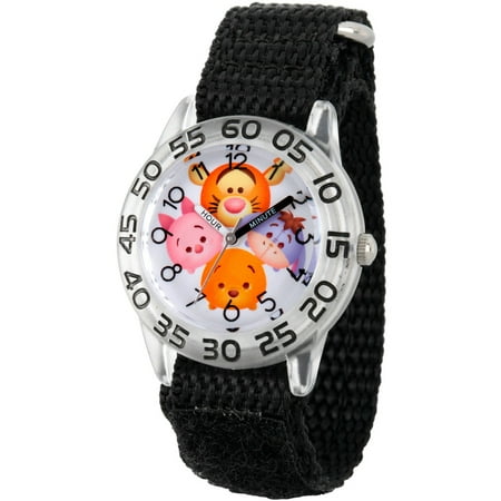 Disney Piglet Jewelry - Disney Tsum Tsum, Tigger, Pooh, Goofy, Eeyore and Piglet Boys' Clear Plastic Time Teacher Watch, Black Hook and Loop Nylon Strap with Black Backing