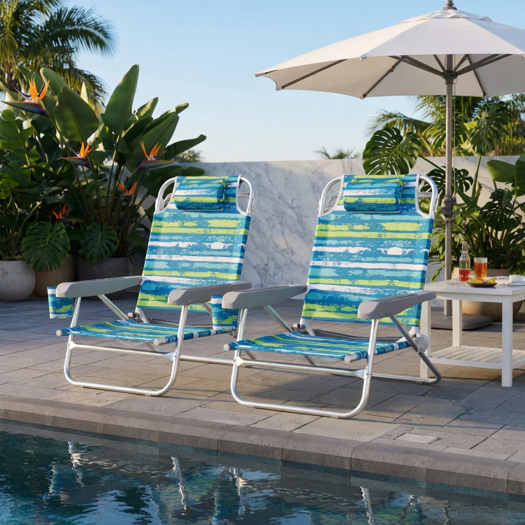 Hommoo 2-Pack Lightweight Folding Beach Chair with 5-Position Recline, Padded Headrest & Cup Holder, Green