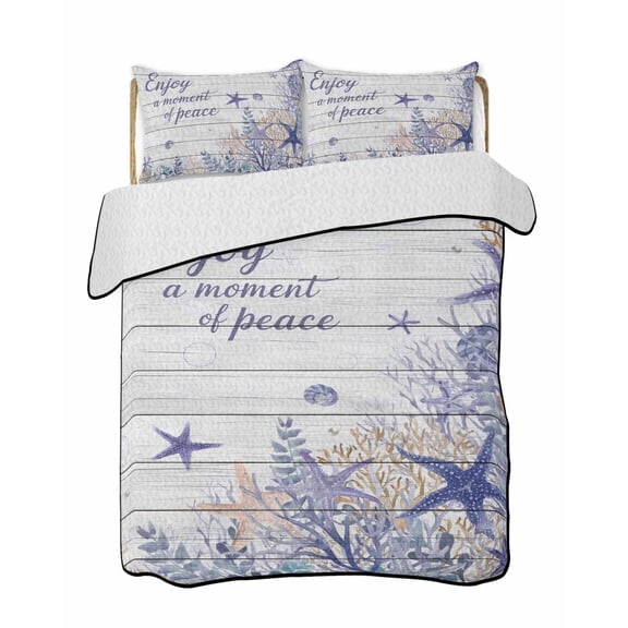 Full Size Quilt Bedding Set, Purple Starfish Coastal Reversible Summer Quilt 3 Pieces, Nautical Coral Ocean Wooden Lightweight Bedspreads Coverlets with 2 Pillow Shams for All Seasons