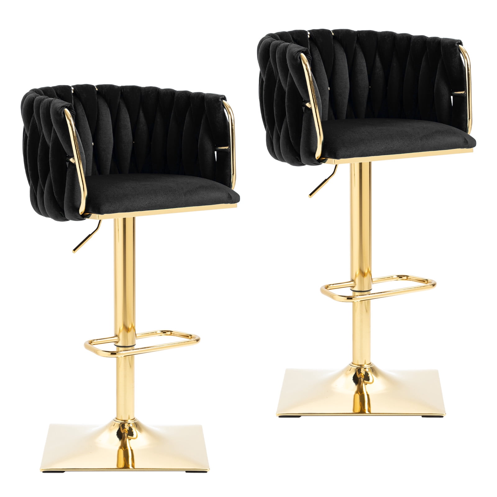 Homefun Velvet Bar Stools Set of 2,Modern Height Adjustable Swivel Barstools Counter Chairs with High Back & Gold Metal Base