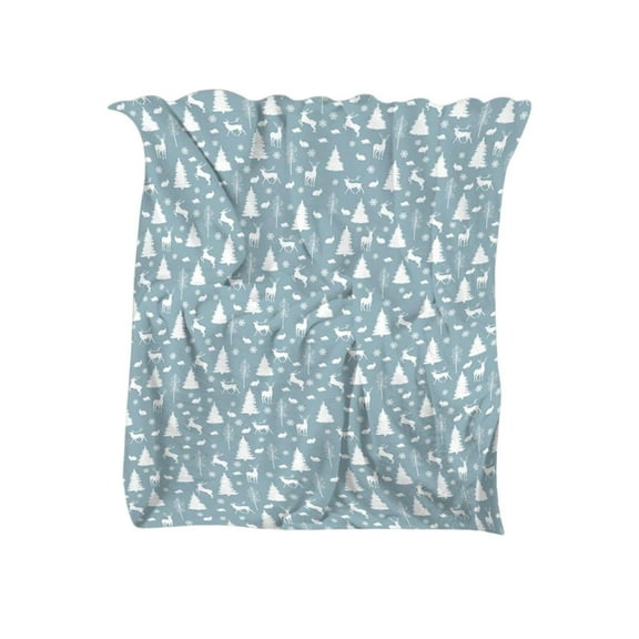 geerera Winter Blue Throw Blanket, Forest Reindeer and Christmas Tree Pattern, Cozy Flannel Plush Blanket for Bed, Couch, Living Room