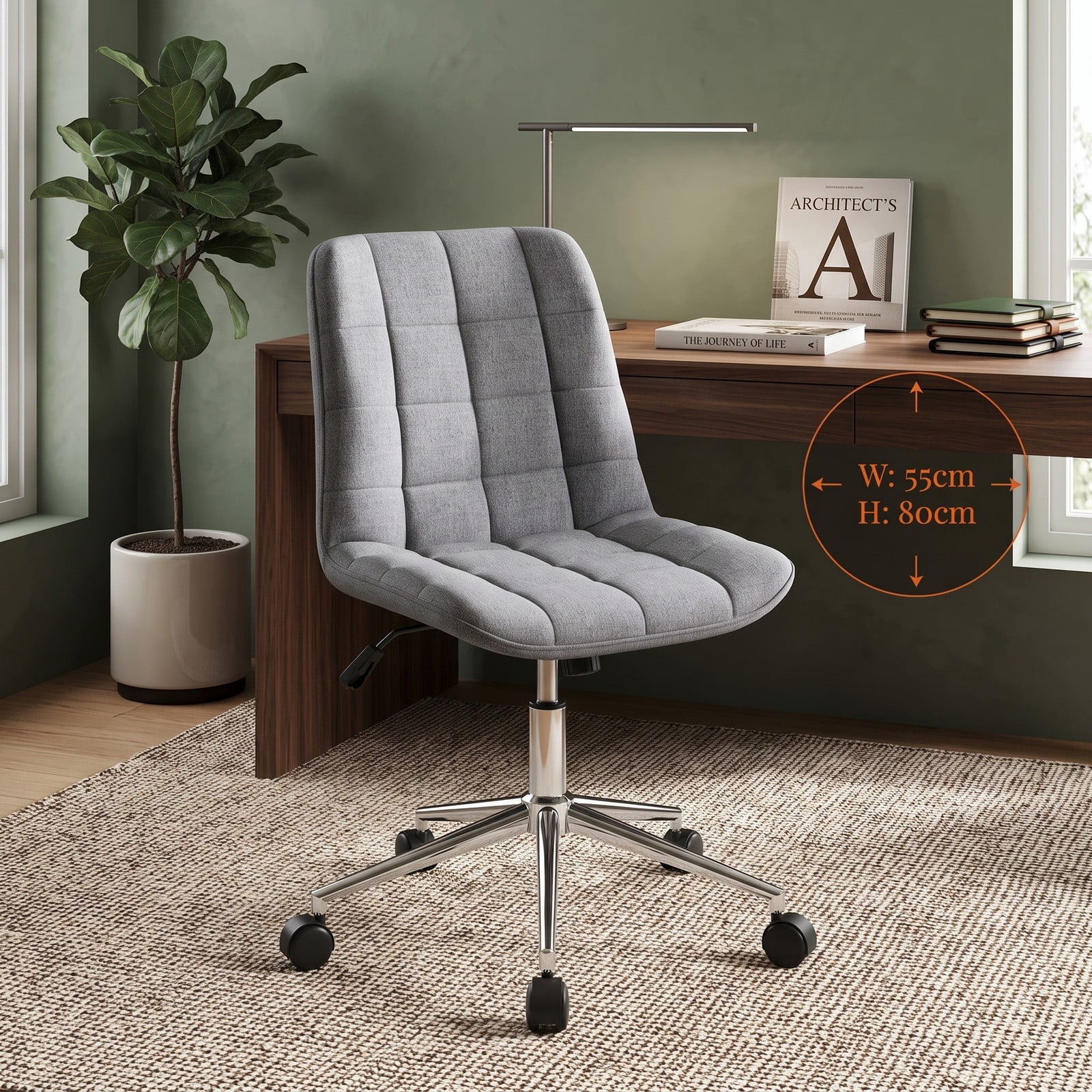 Furnibear Armless Office Chair, Upholstered Makeup Vanity Chair with Adjustable Height, 15° Rocking, Swivel Task Desk Chair with 5 Wheels and Metal Base for Home, Grey