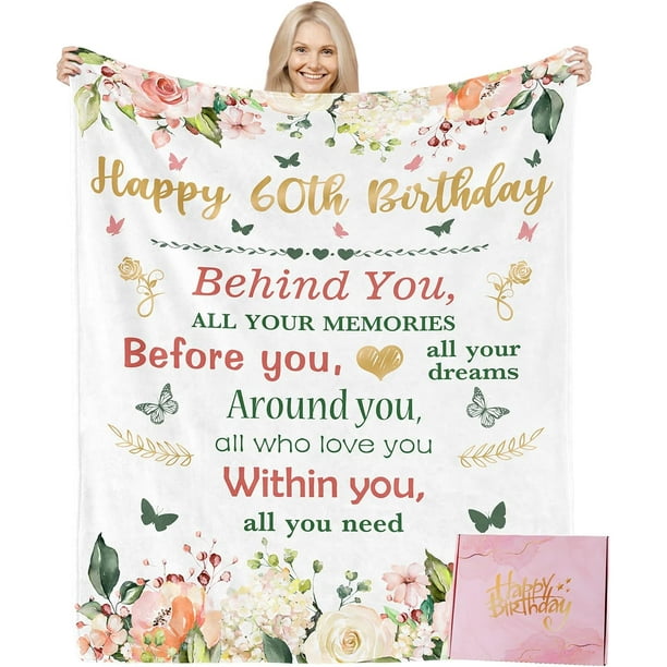 LHSHID Happy 60th Birthday Gifts for Women with Gifts Box Gifts for 60 Year Old Woman 60 Birthday Gifts Ideas for Her Gifts for Women Turning 60 Birthday Decorations Blanket (White) 40"x50"