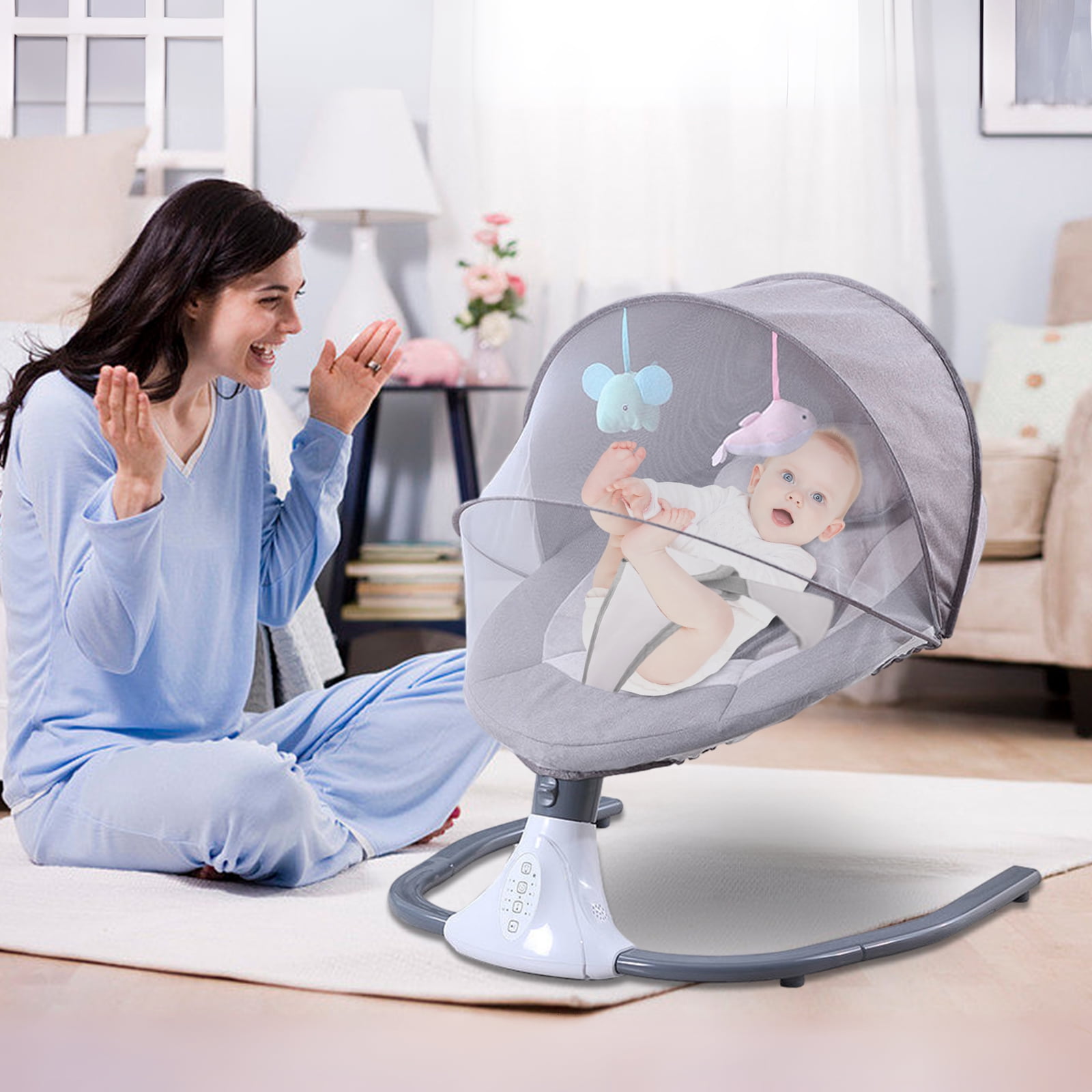 Electric Baby Swing for Infants - Bluetooth Music Speaker with 12 Lullabies and 4 Speeds, Remote Control, Gray