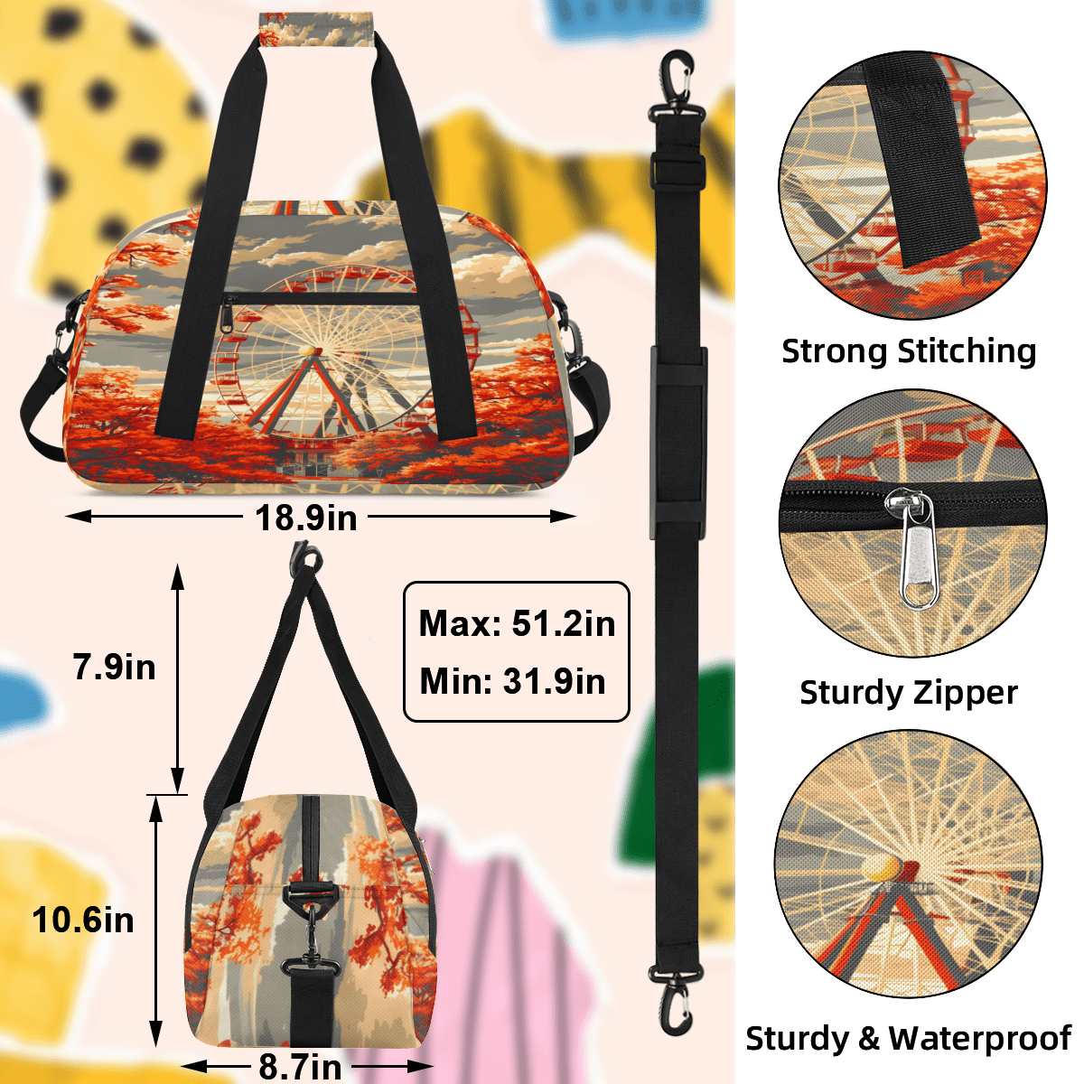 Herdesigns Ferris Wheel Sports Duffle Bag for Women & Men, Romantic Theme Gym Bag Dance Bag Overnight Bag Carry On Weekender Travel Bag