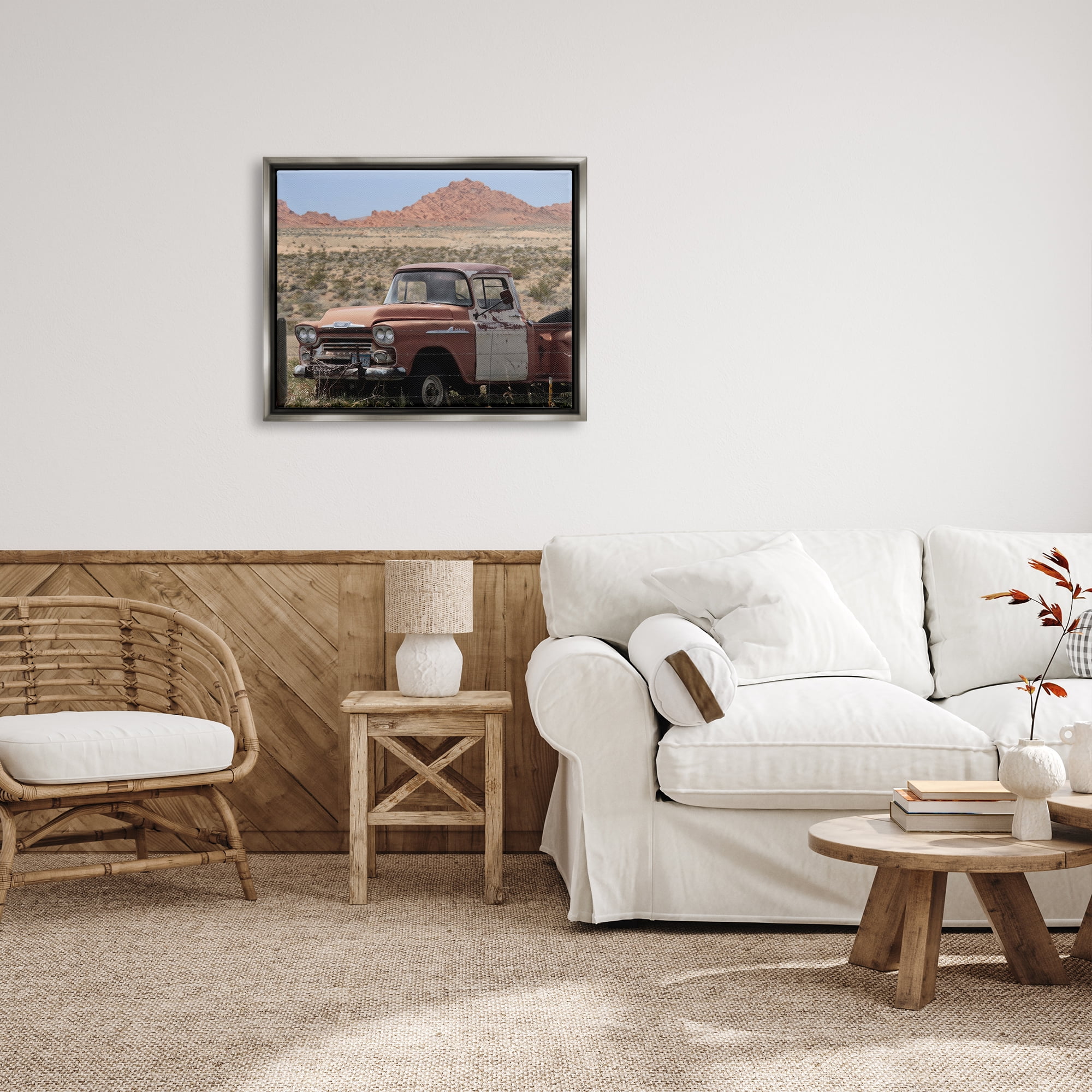 Stupell Vast Desert Mountains Vintage Truck Transportation Photography Gray Floater Framed Art Print Wall Art