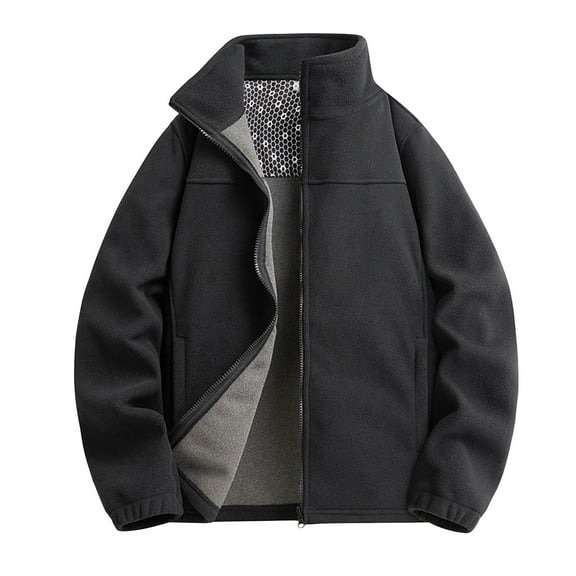 LpwkSSA Men's Polar Fleece Jacket Stand Collar Long Sleeve Zipper Windproof Coat with Pockets Solid Color Loose Fit Winter Outwear Coat Black S