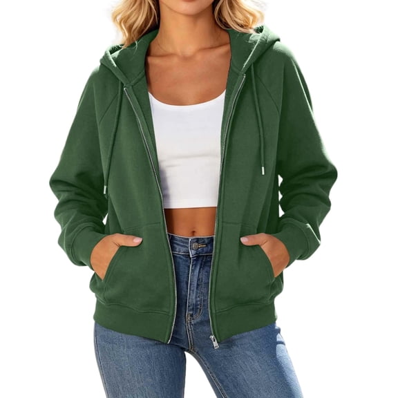 QIYAGBSA Hoodies for Women Zip Up Long Sleeve Hooded Sweatshirt with Drawstring Kangaroo Pockets Ribbed Cuffs Casual Fall Winter (Army Green, L)