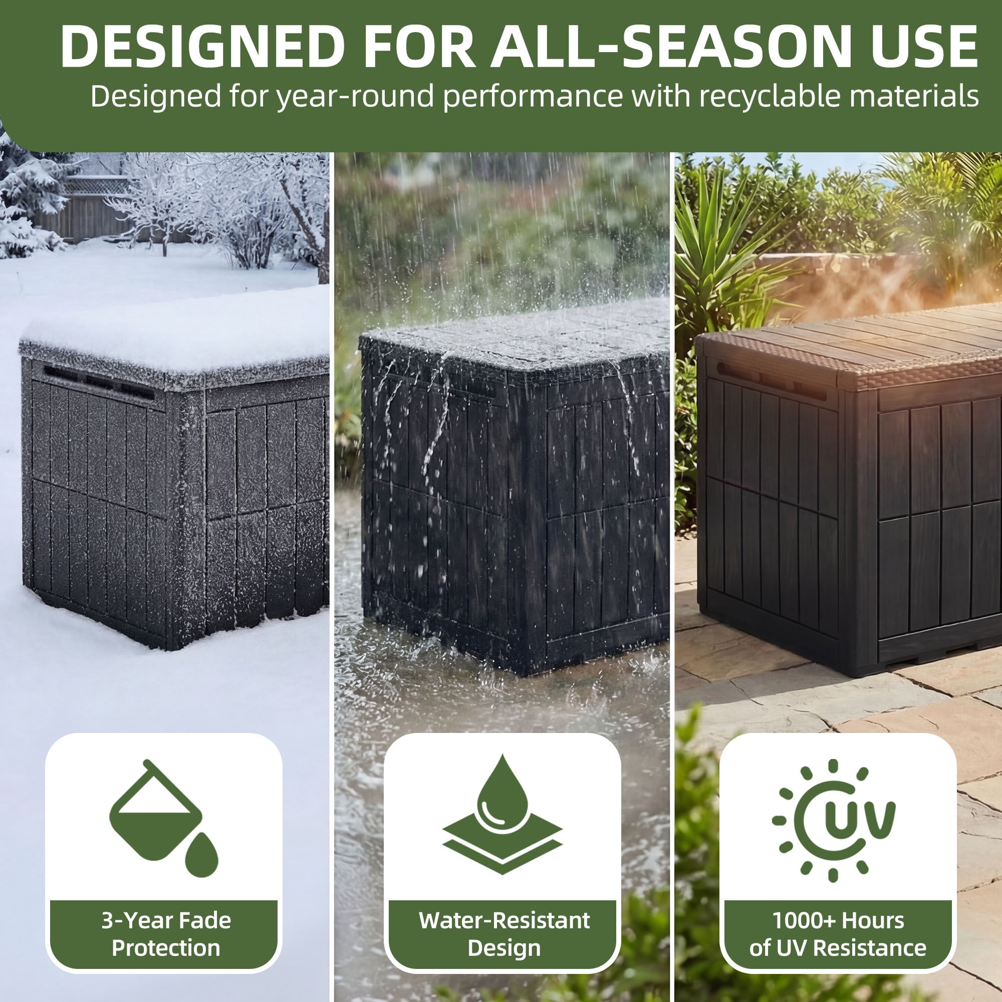 Uforic XXL 240 Gallon Outdoor Storage Deck Box, Waterproof Resin Patio Storage Container with Lockable Design, 3-Person Bench Seat for Garden Tools, Pool Supplies and Patio Cushions, Black