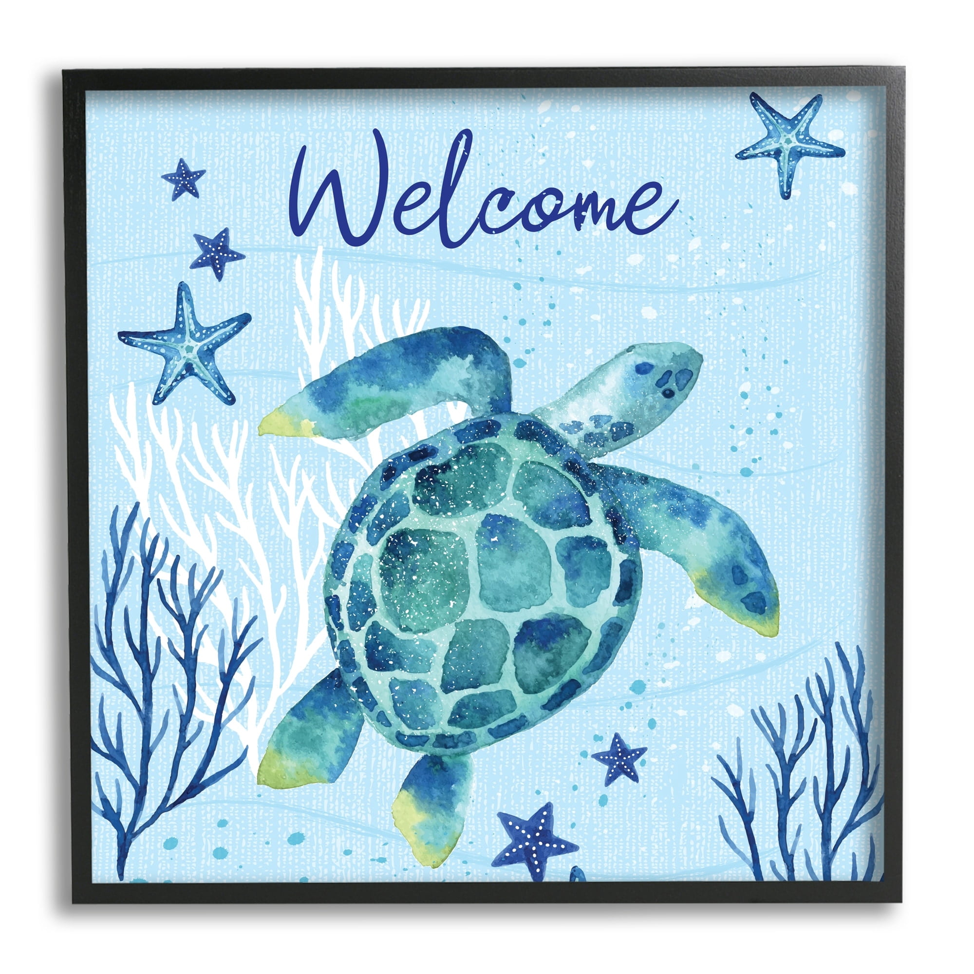 Stupell Industries Welcome Sign Sea Turtle Swimming Ocean Life Graphic Art Black Framed Art Print Wall Art, Design by Sharon Lee