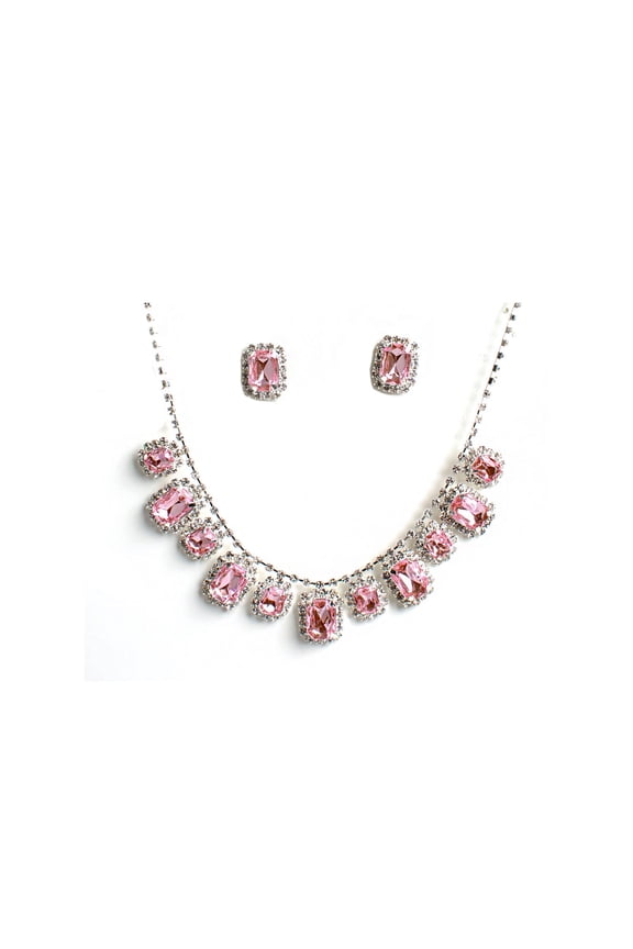 Silver Light Rose Rectangle Shape Rhinestone Necklace & Matching Stud Earrings Jewelry Set