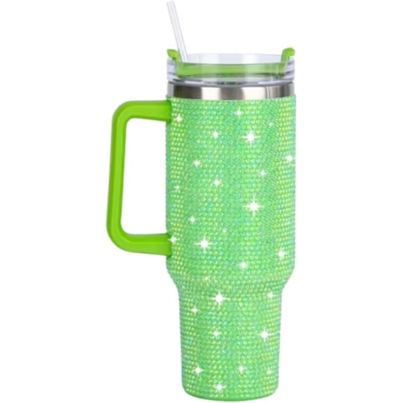 Lashicorn Lime Green Rhinestone 40 oz. Tumbler with Handle and Straw Lid Bling Tall Jewel Cup Gift Bright Neon Insulated