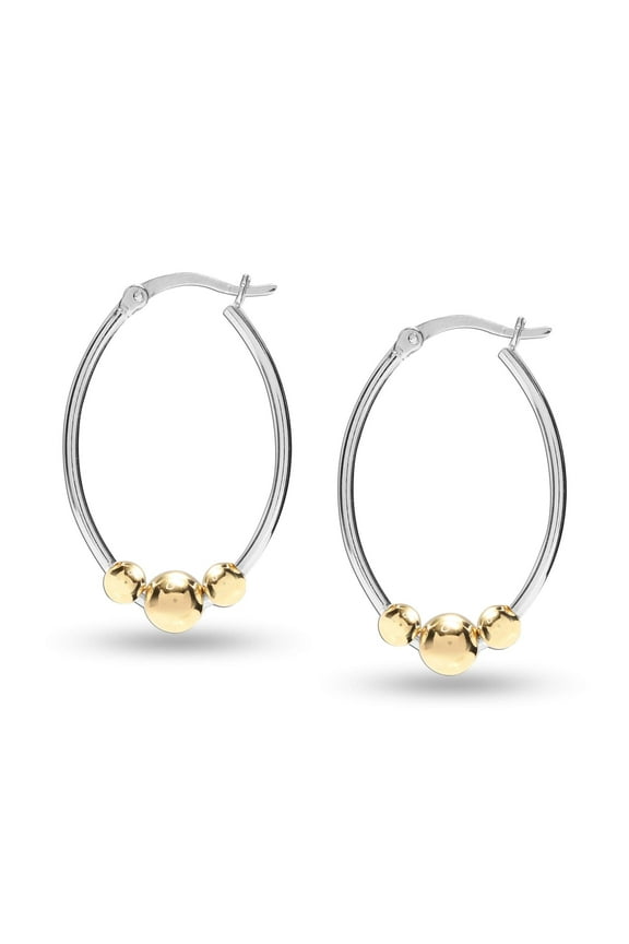 925 Sterling Silver Jewelry Light-Weight Two-Tone Gold Bead Oval Hoop Earrings for Women and Teen 33MM