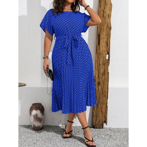 Royal Blue Plus Size Crew Neck Short Sleeve All-Over Print Casual Front Tie Midi Dress