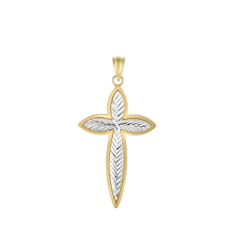 14K Yellow-White Gold Shiny+Diamond Cut Marquise Shape Cross Pendant