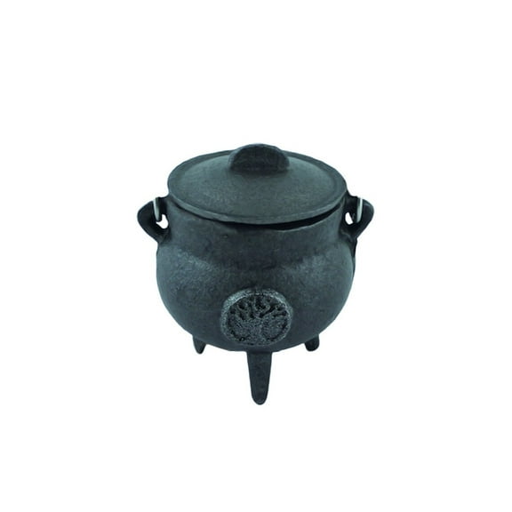 Tree of Life 3.5" Small Cast Iron Cauldron with Lid and Carry Handle for Spells, Smudging, Ritual & Blessings