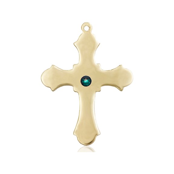 14kt Yellow Gold Cross Medal with 3mm May Green Swarovski Crystal 1 1/4 x 7/8 inches