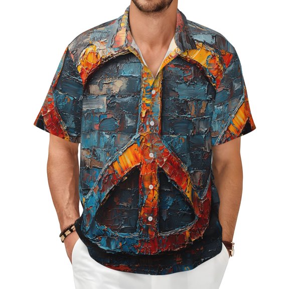 Mens Short Sleeve Button Down Shirts Casual Summer Beach Tops , Peace Sign