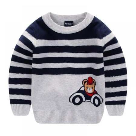 

Kids Boys Cable Knit Sweater Long Sleeve Crewneck Striped Cartoon Print Pullovers for 2-7Y