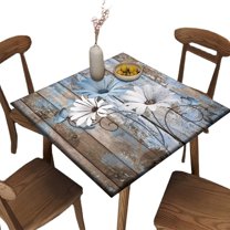 Farmhouse Flower Square Fitted Tablecloths, Rustic Blue Daisy Blue Wild Elastic Edged Table Cover, for Kitchen Dining, Party, Holiday, Christmas, Buffet, Fits to 32 x 32 in Table