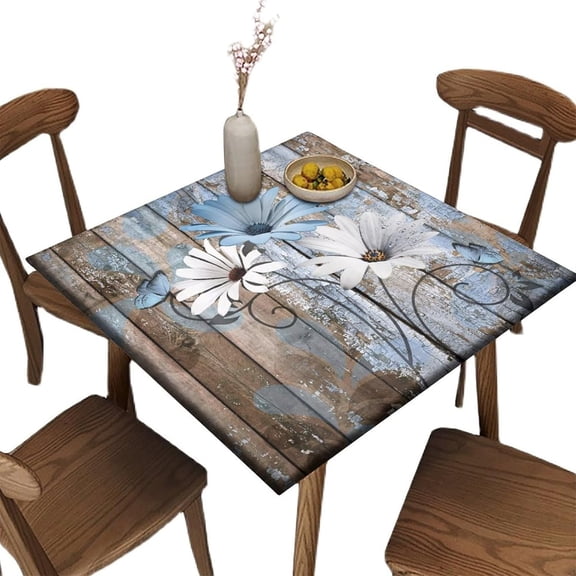 Farmhouse Flower Square Fitted Tablecloths, Rustic Blue Daisy Blue Wild Elastic Edged Table Cover, for Kitchen Dining, Party, Holiday, Christmas, Buffet, Fits to 32 x 32 in Table