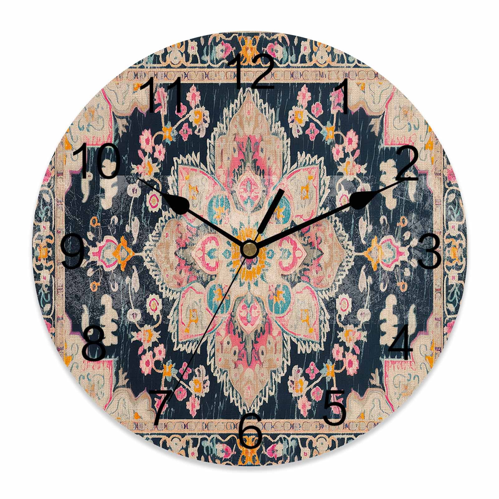 14 Inch Black Boho Wall Clock, Oriental Medallion Retro Distressed Bohemian Battery Operated Silent Non Ticking Clocks, Easy to Read Round Wall Clock for Kitchen/Living Room/Bedroom/Bathroom
