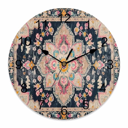 14 Inch Black Boho Wall Clock, Oriental Medallion Retro Distressed Bohemian Battery Operated Silent Non Ticking Clocks, Easy to Read Round Wall Clock for Kitchen/Living Room/Bedroom/Bathroom