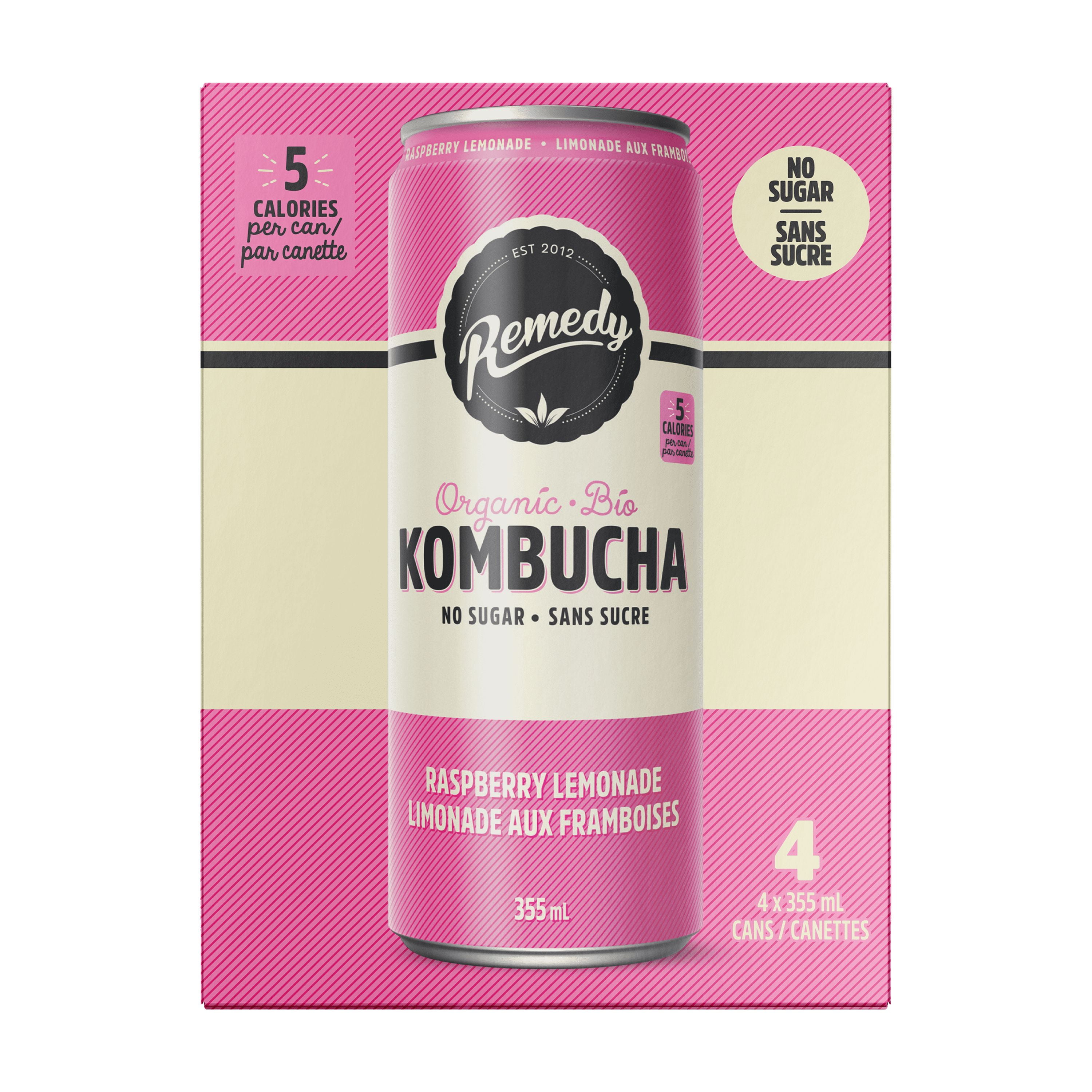 Bio, Sans Sucre, Naturel, Cru et Non Pasteurisé, Naturellement Caféiné Remedy Kombucha Raspberry Lemonade 4PK 4x355 ML