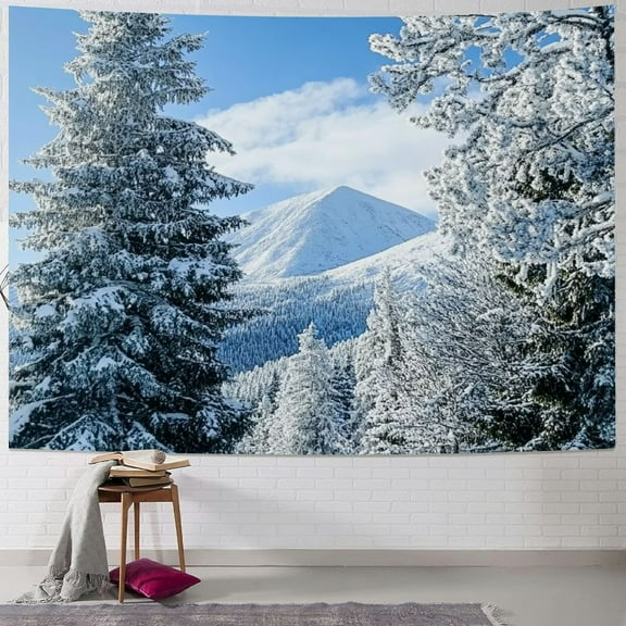 Fenyluxe Winter Tapestry Snow Pine Tree Forest and Mountain Nature Landscape outside Window Tapestry Wall Hanging Christmas Tapestry for Bedroom Living Room Dorm Party Wall Decor 40x30inch