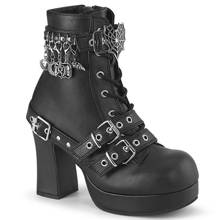 

Demonia GOTHIKA-66 Women s 3 3/4 Heel Platform Lace-Up Front Mid-Calf Boots with Spider Web Buckle & Charms