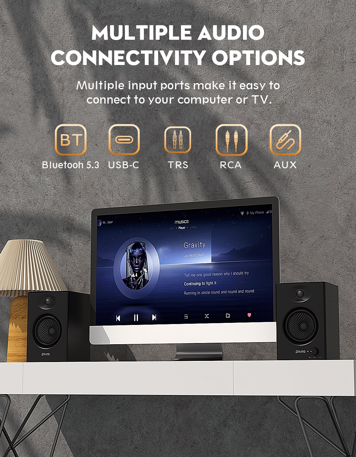 Solorage 60W Computer Speakers, Bluetooth 5.3 Gaming Music Stereo 2.0 Speakers, Surround Sound, 3.5mm Aux RCA, USB Powered, Black, 1 Pair