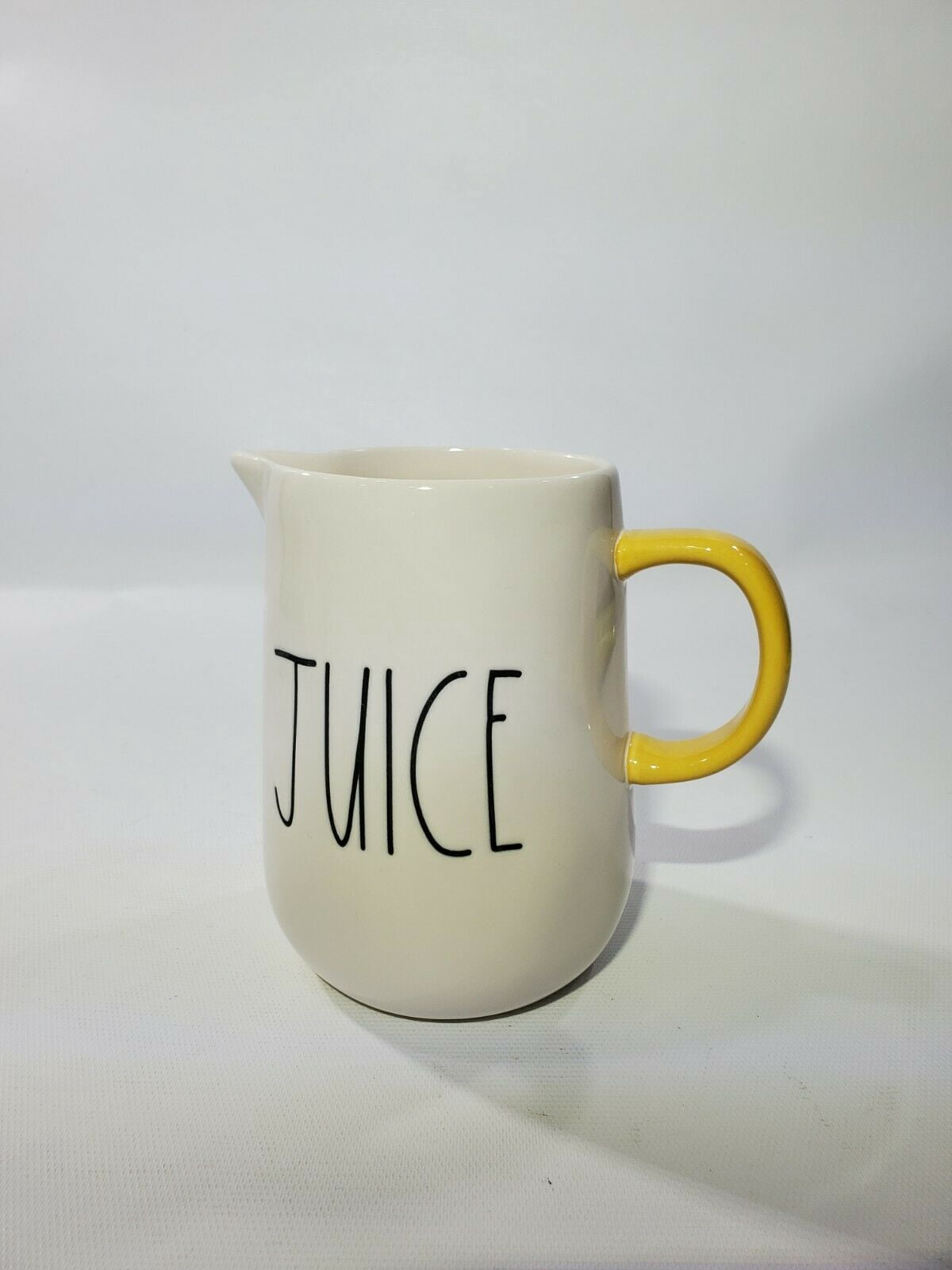 Rae Dunn Small JUICE Ceramic Pitcher 5" with yellow handle and Black LL Letters Kitchen