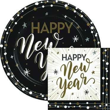 Creative Converting New Years Shimmer Dinner Paper Plates and Napkins Set, Serves 16